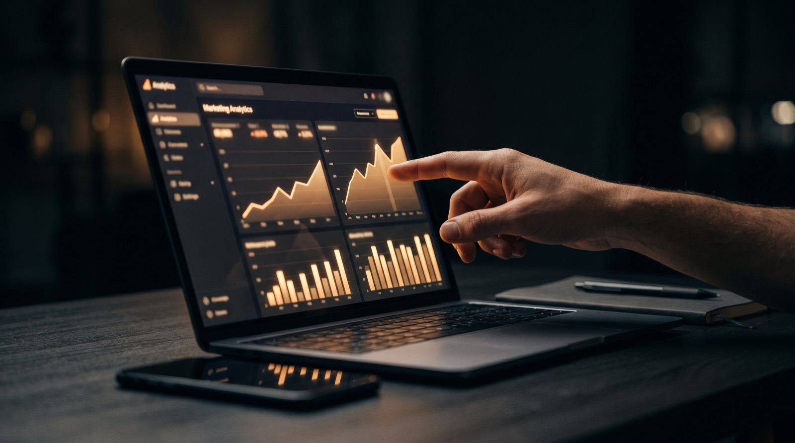 Laptop menampilkan dashboard grafik performa iklan yang sedang ditunjuk