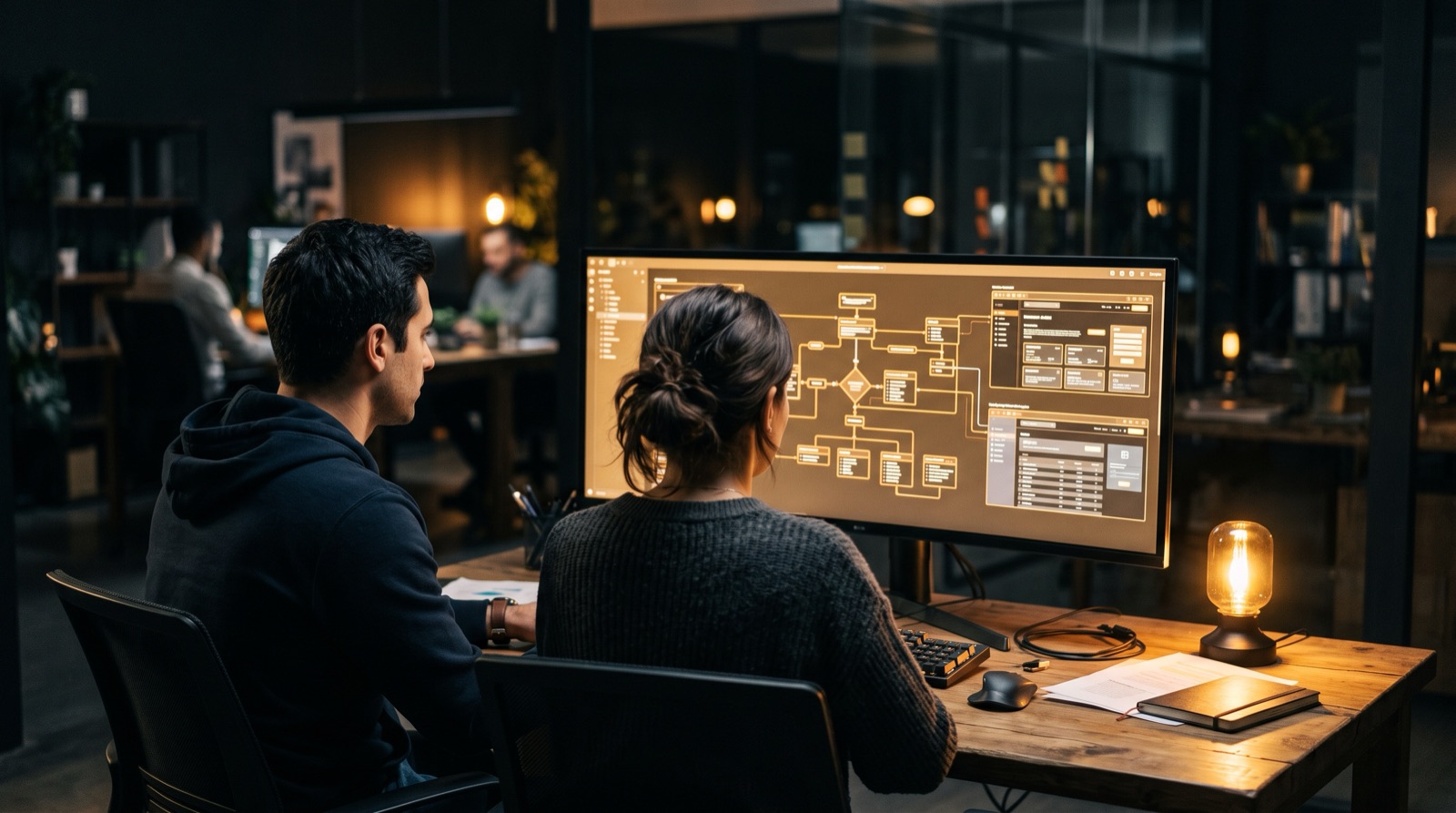Dua profesional meninjau diagram alur dan rancangan layar aplikasi di monitor kantor